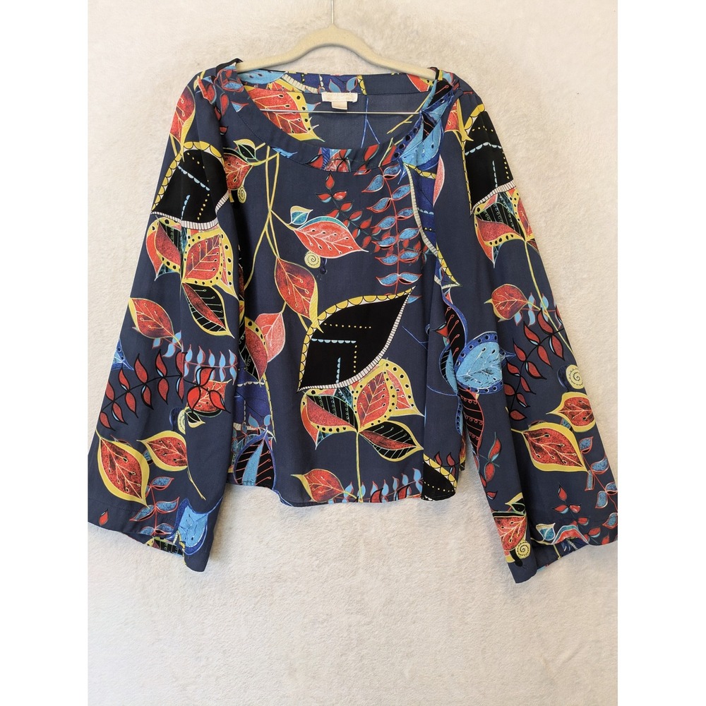 Finn & Grace Blouse Women's Medium Navy Blue Botanical Print Wide Sleeve Boho